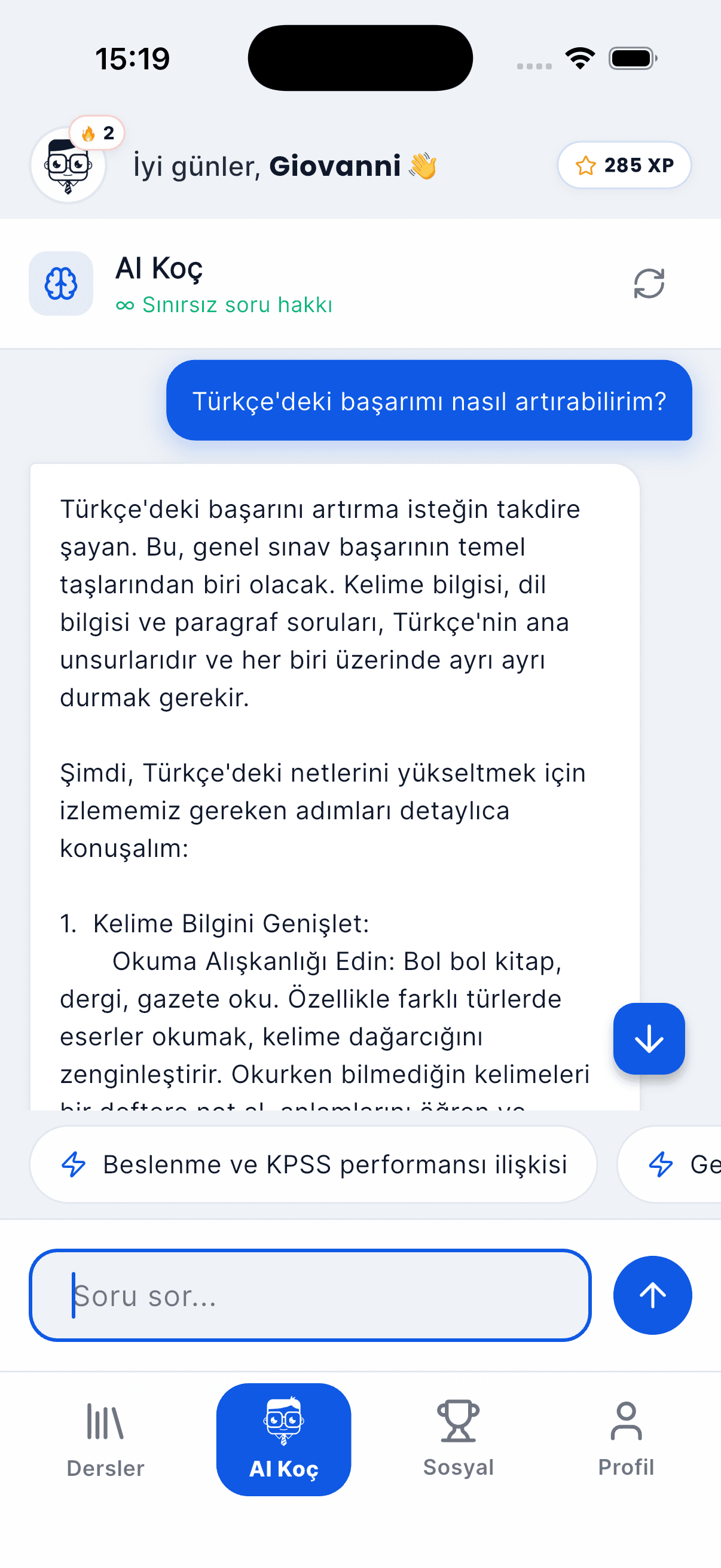Zaten Akademi AI Koç Yapay Zeka Danışmanı Ekranı