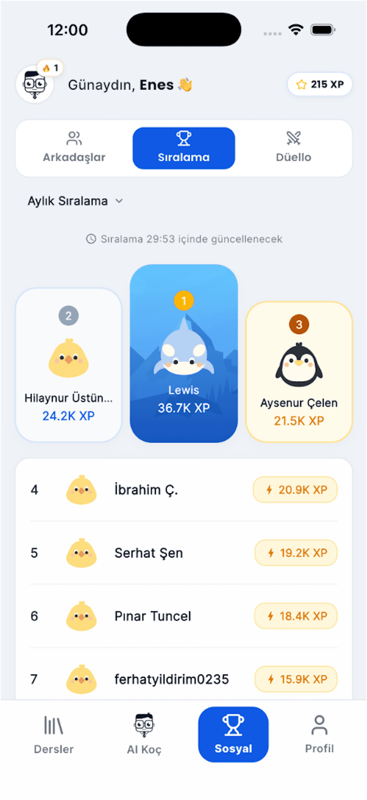 Zaten Akademi Canlı Düellolar ve Liderlik Tablosu Ekranı