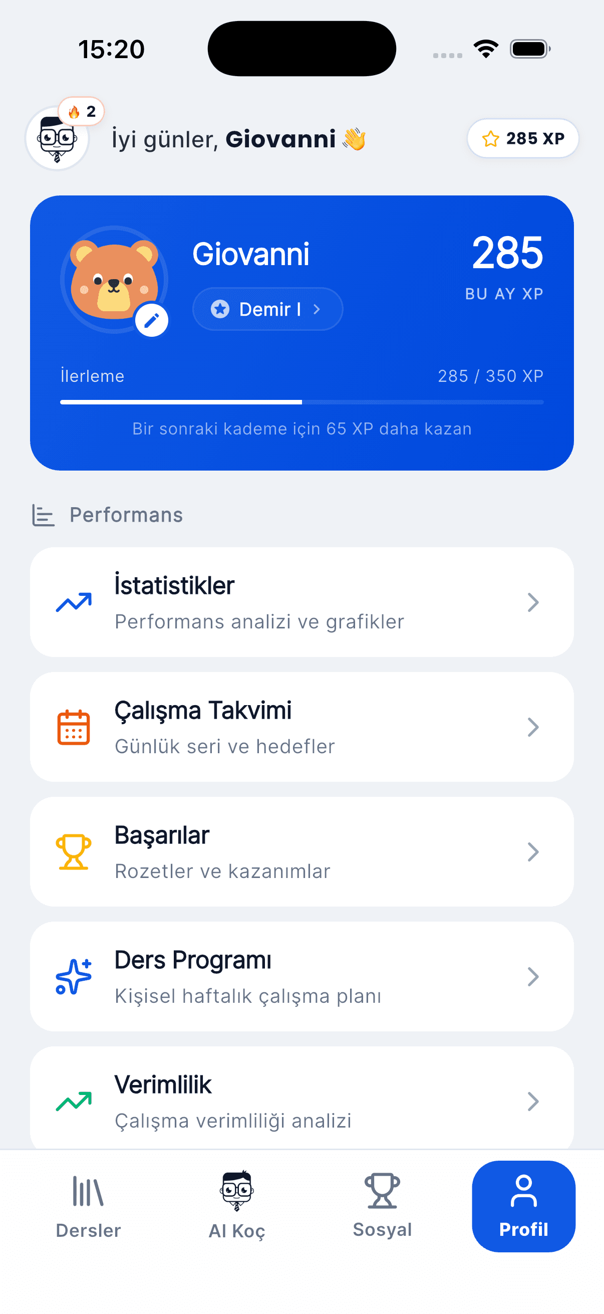 Zaten Akademi Profil ve Performans İstatistikleri Ekranı